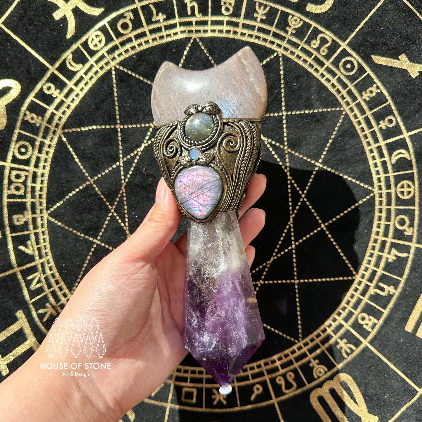 Natural Handmade Amethyst Crystal Quartz Wand/Magic Witch Crystal Wand/Moonstone Amethyst Labradorite Wand/Chakra/Manifest Altar Tool