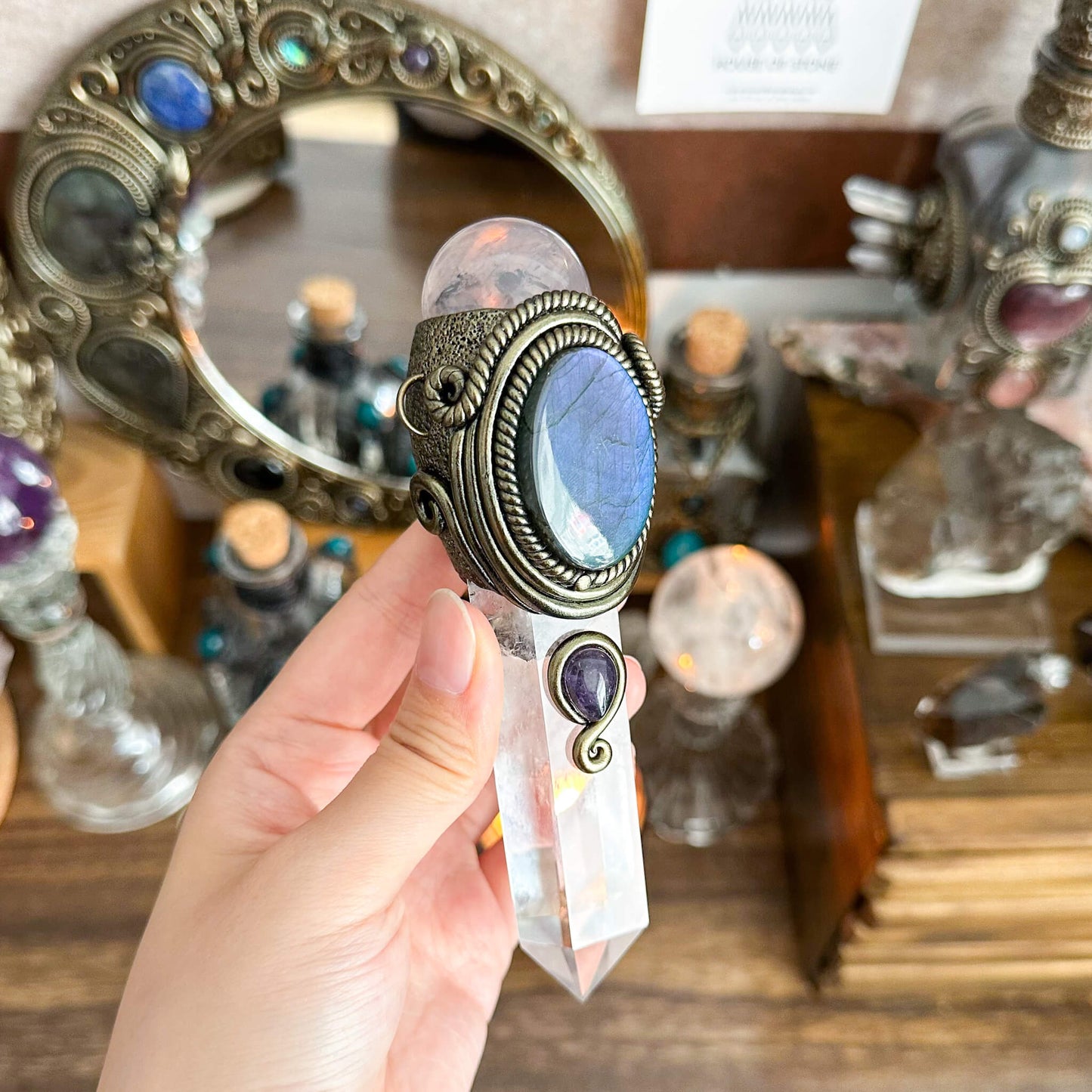 Handmade Natural Clear Quartz Pendant Necklace/Magic Rose Quartz Crystal Protection Pendant/Labradorite Talisman Jewelry/Chakra/Altar Tool