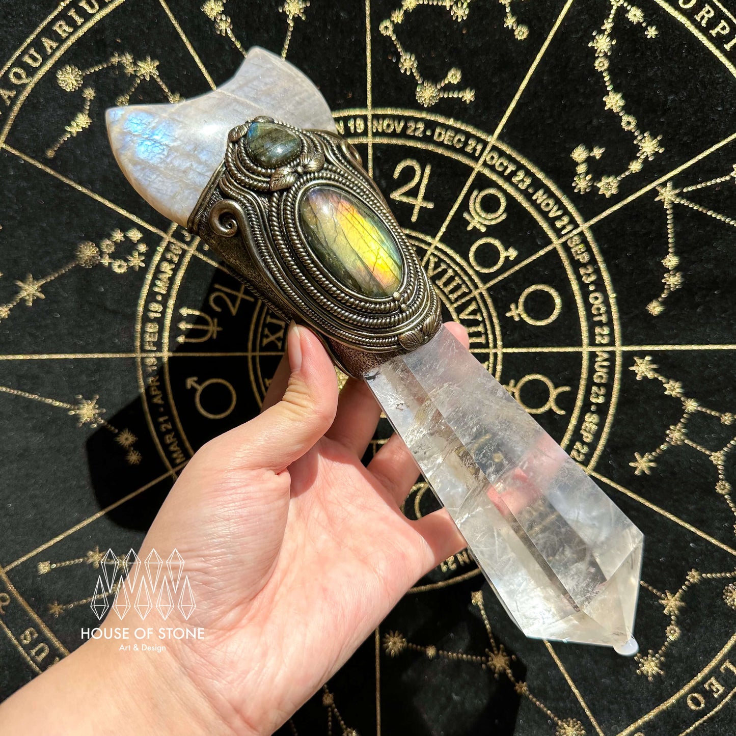 Natural Handmade Clear Quartz Crystal Wand/Magic Witch Crystal Wand/Moonstone Clear Quartz Labradorite Wand/Chakra/Manifest Altar Tool