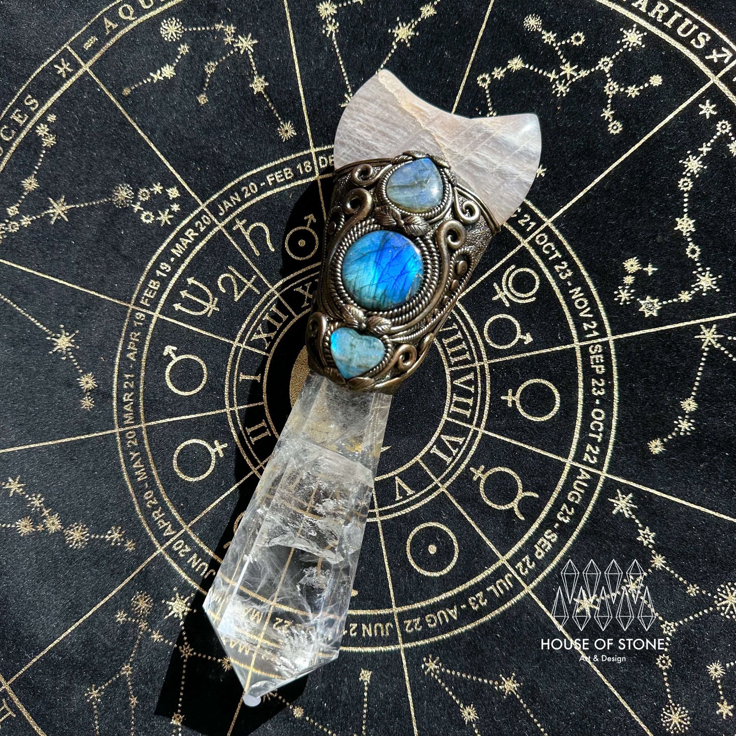 Natural Handmade Clear Quartz Crystal Wand/Magic Witch Crystal Wand/Moonstone Clear Quartz Labradorite Wand/Chakra/Manifest Altar Tool