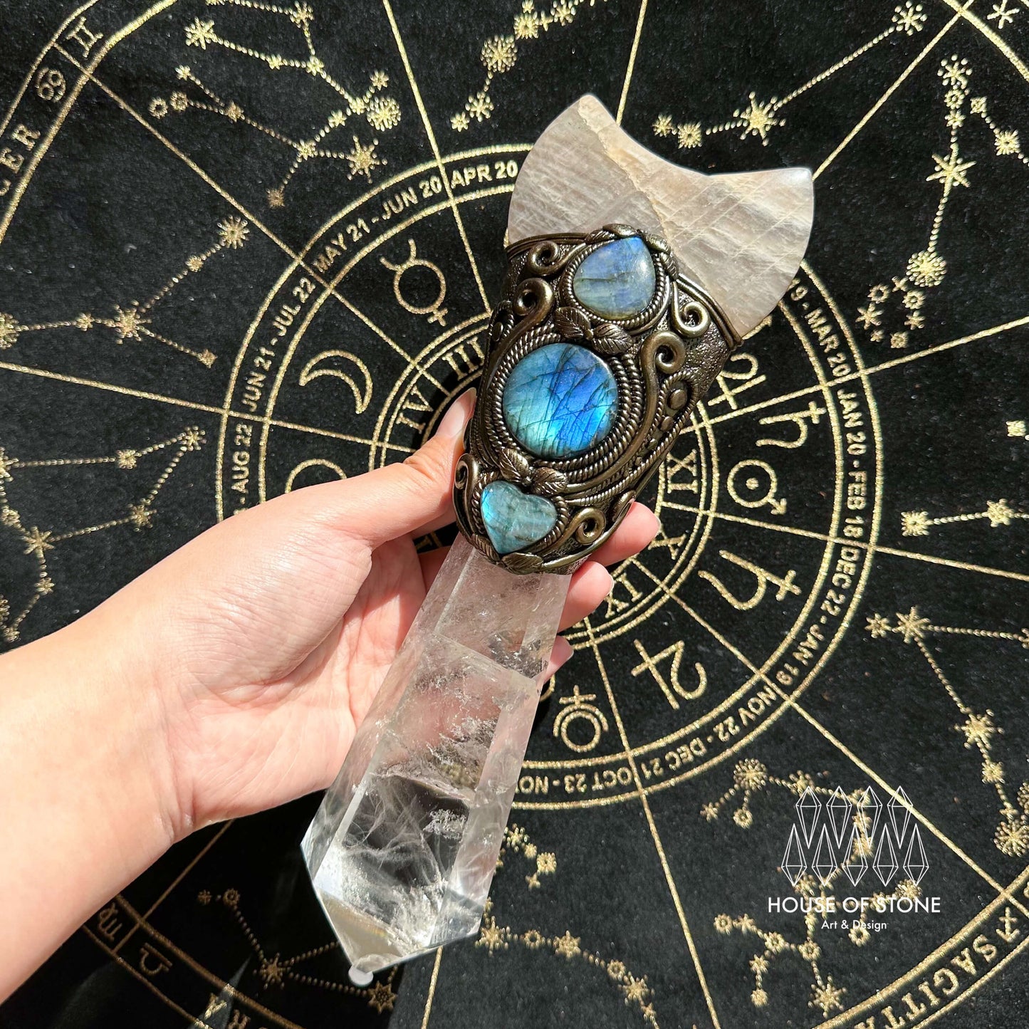 Natural Handmade Clear Quartz Crystal Wand/Magic Witch Crystal Wand/Moonstone Clear Quartz Labradorite Wand/Chakra/Manifest Altar Tool