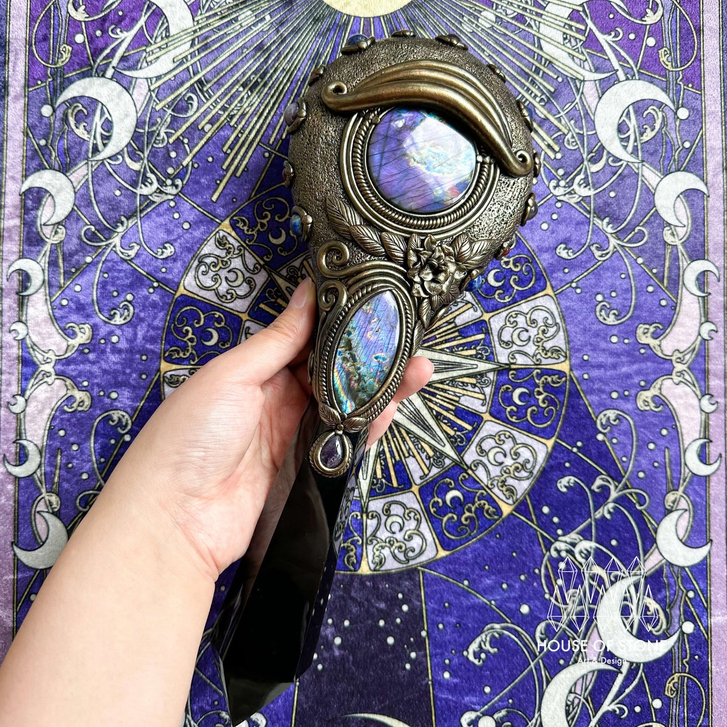 Handmade Natural Black Obsidian Mirror/Magic Obsidian Witch Wand/Crystal Quartz Wand/Scrying Mirror Wand/Root Chakra/Manifest Altar Tool