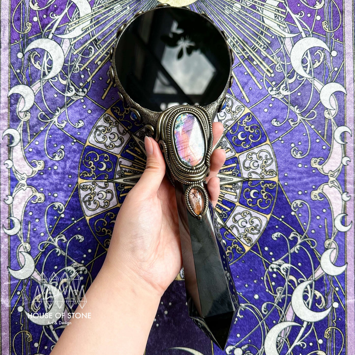 Handmade Natural Black Obsidian Mirror/Magic Obsidian Witch Wand/Crystal Quartz Wand/Scrying Mirror Wand/Root Chakra/Manifest Altar Tool