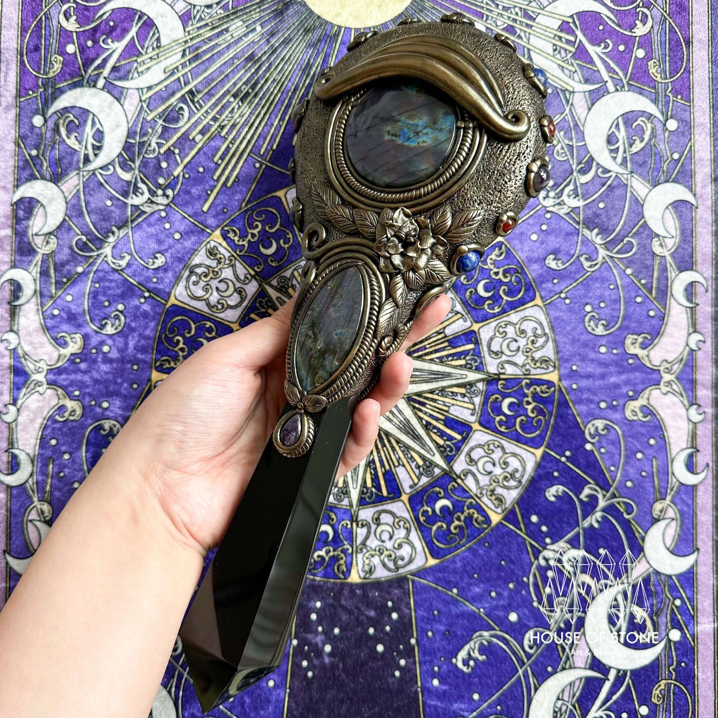 Handmade Natural Black Obsidian Mirror/Magic Obsidian Witch Wand/Crystal Quartz Wand/Scrying Mirror Wand/Root Chakra/Manifest Altar Tool