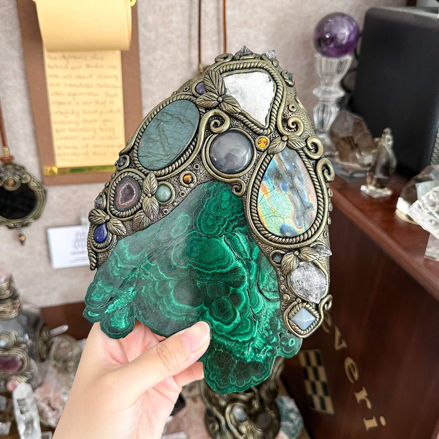 Handmade Natural Malachite Crystal Wall Hanging Decor/Spiritual Window Interior Room Hangings/Christmas Crystal Door Hanging