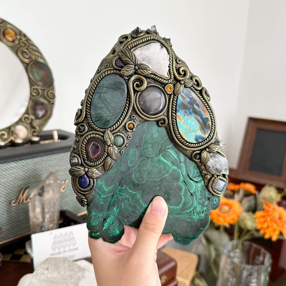 Handmade Natural Malachite Crystal Wall Hanging Decor/Spiritual Window Interior Room Hangings/Christmas Crystal Door Hanging