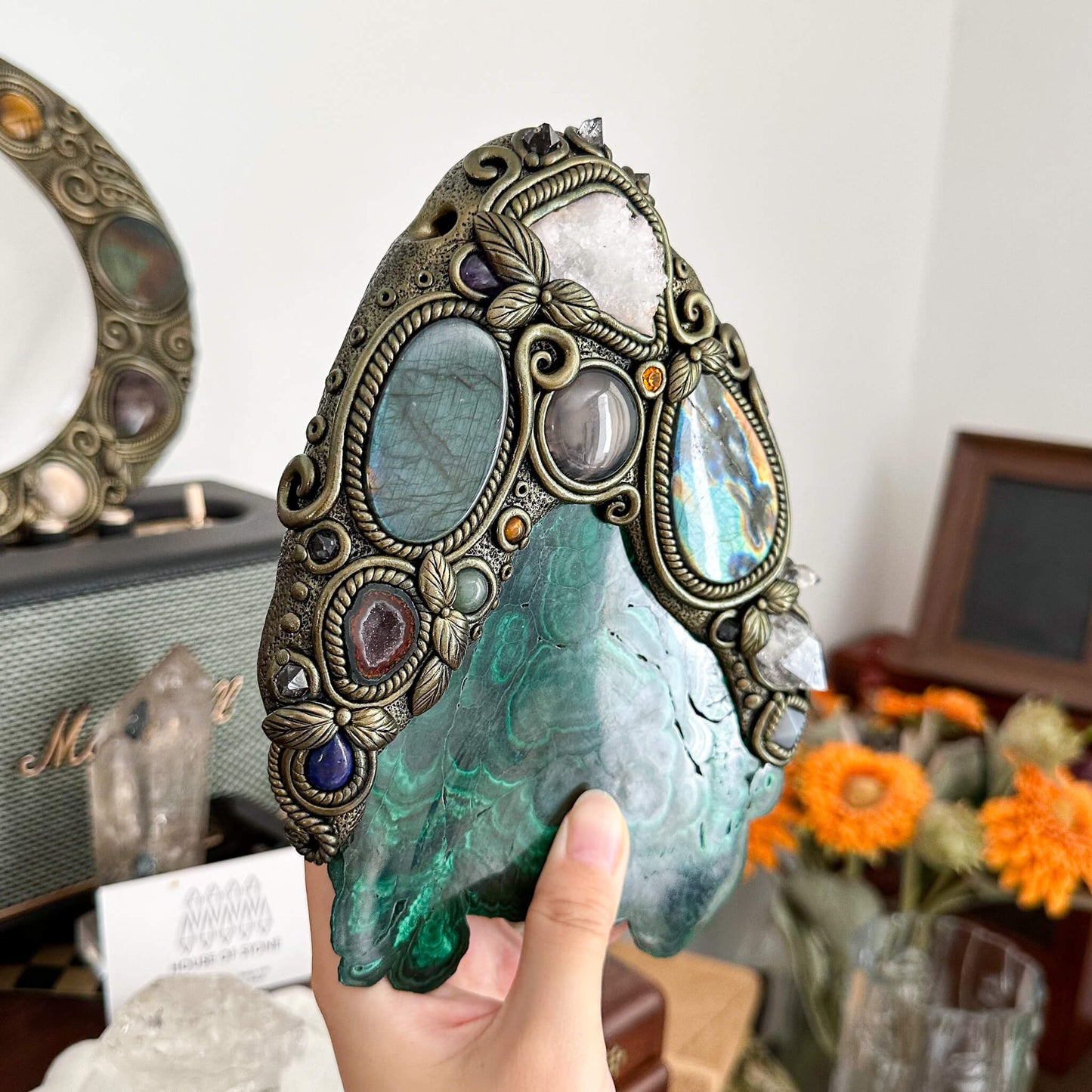 Handmade Natural Malachite Crystal Wall Hanging Decor/Spiritual Window Interior Room Hangings/Christmas Crystal Door Hanging
