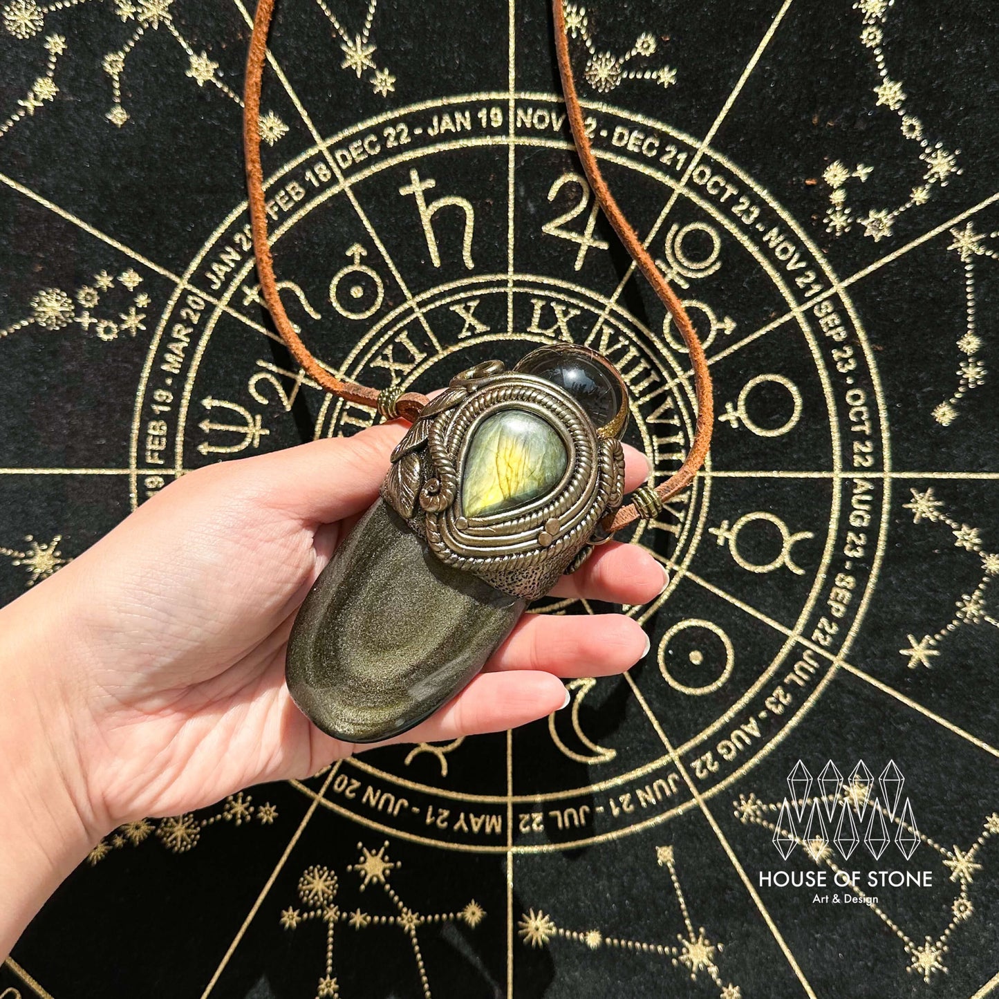 Handmade Natural Gold Sheen Obsidian Necklace/Magic Smoky Quartz Crystal Protection Pendant/Labradorite Jewelry/Root Chakra/Altar Tool