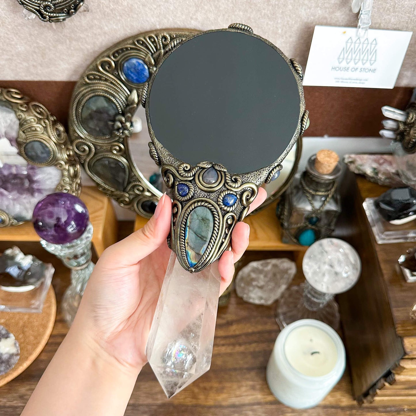 Handmade Natural Black Obsidian Mirror/Magic Obsidian Witch Wand/Crystal Quartz Wand/Scrying Mirror Wand/Root Chakra/Manifest Altar Tool