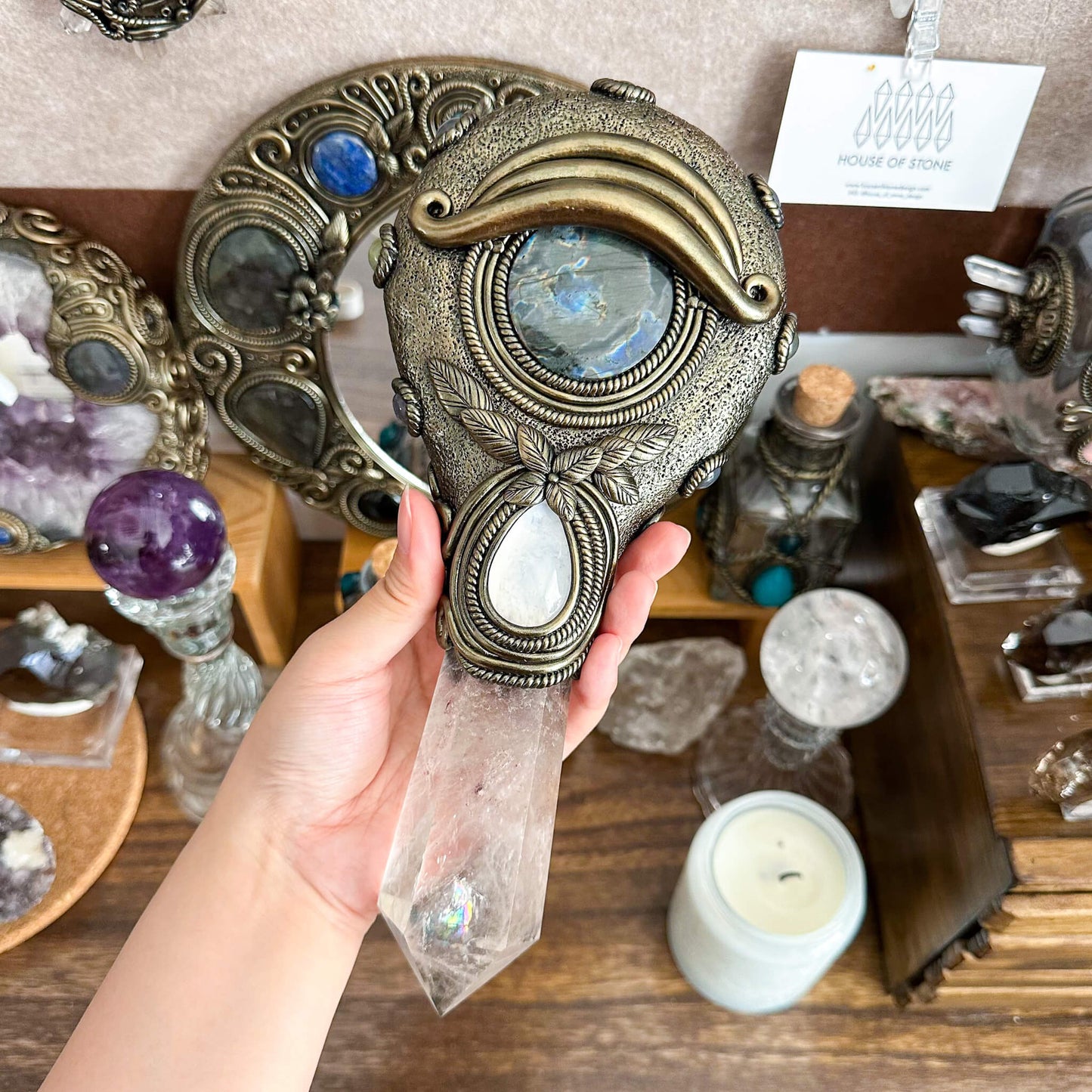 Handmade Natural Black Obsidian Mirror/Magic Obsidian Witch Wand/Crystal Quartz Wand/Scrying Mirror Wand/Root Chakra/Manifest Altar Tool