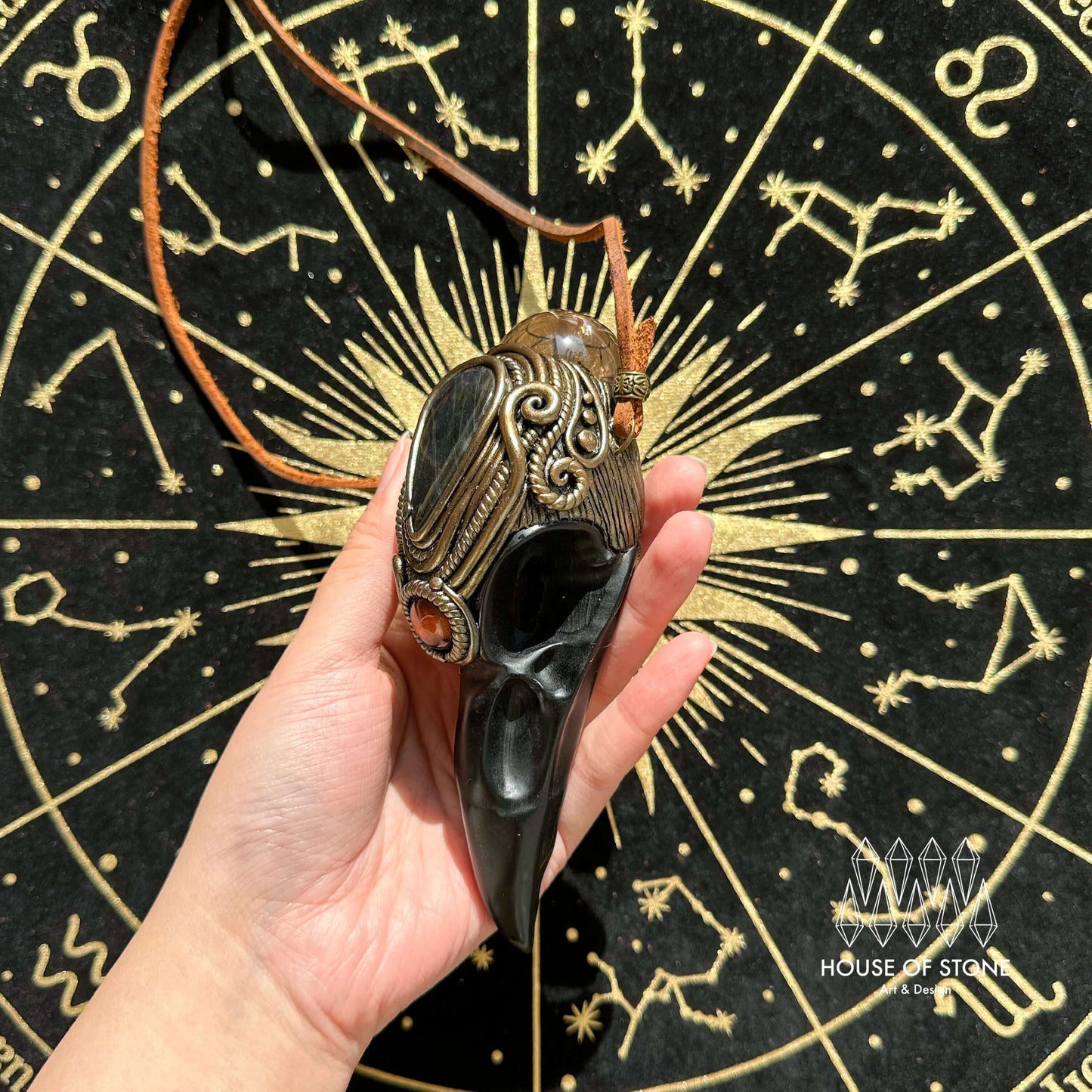 Handmade Natural Black Obsidian Raven Skull Pendant Necklace/Magic Smoky Quartz Crystal Protection Pendant/Labradorite Jewelry/Altar Tool