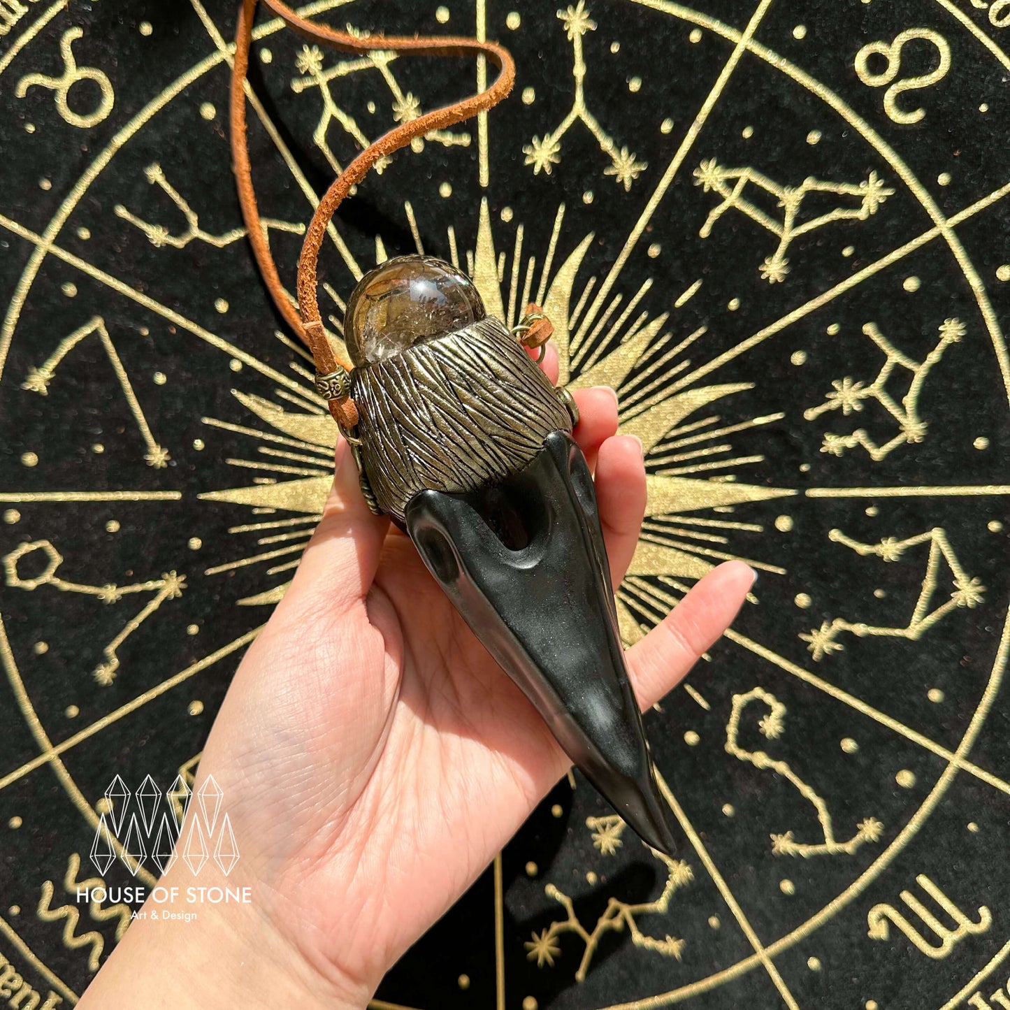 Handmade Natural Black Obsidian Raven Skull Pendant Necklace/Magic Smoky Quartz Crystal Protection Pendant/Labradorite Jewelry/Altar Tool
