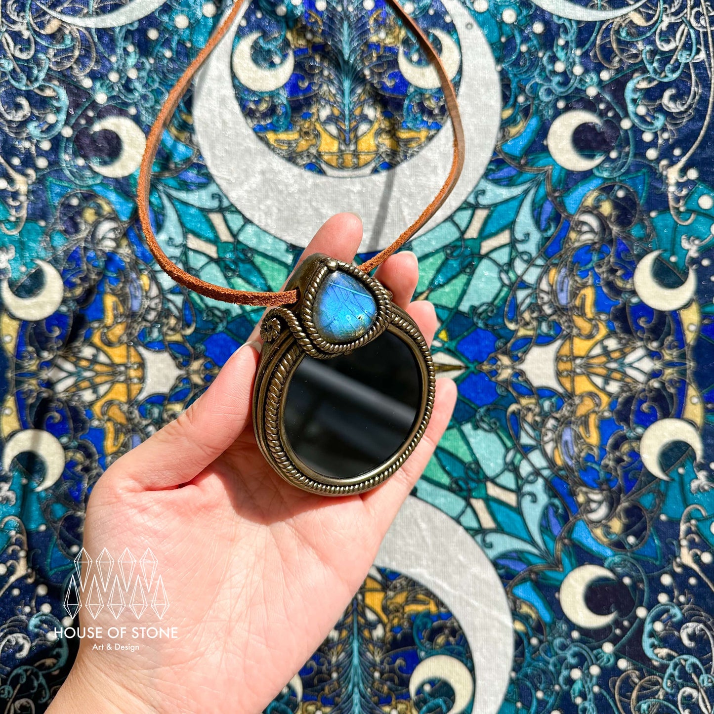 Handmade Natural Black Obsidian Pendant Necklace/Magic Obsidian Mirror Crystal Pendant/Scrying Mirror Labradorite Jewelry/Altar Tool