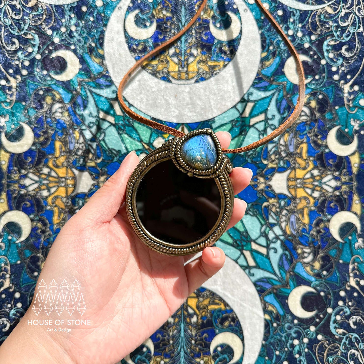 Handmade Natural Black Obsidian Pendant Necklace/Magic Obsidian Mirror Crystal Pendant/Scrying Mirror Labradorite Jewelry/Altar Tool