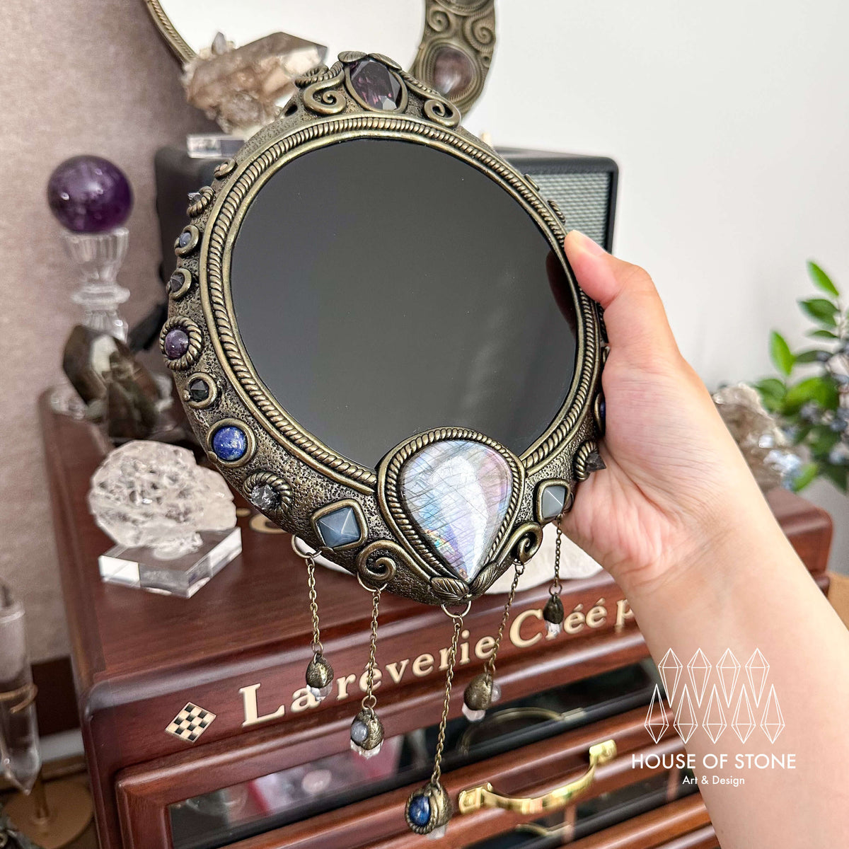Handmade Natural Black Obsidian Crystal Wall Hanging Decor/Magic Large Obsidian Mirror Spiritual Window Interior Room Hangings/Scrying Mirror Door Hanging/Altar Tool