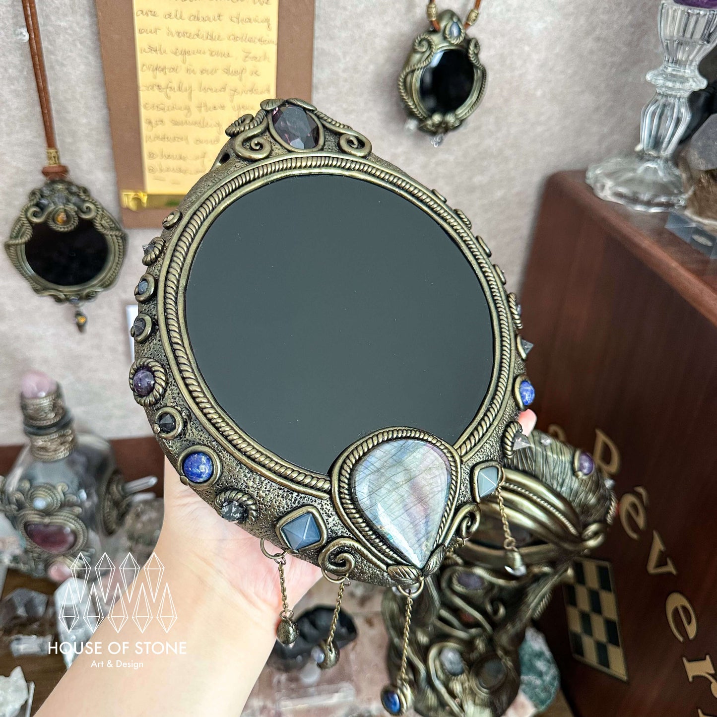 Handmade Natural Black Obsidian Crystal Wall Hanging Decor/Magic Large Obsidian Mirror Spiritual Window Interior Room Hangings/Scrying Mirror Door Hanging/Altar Tool