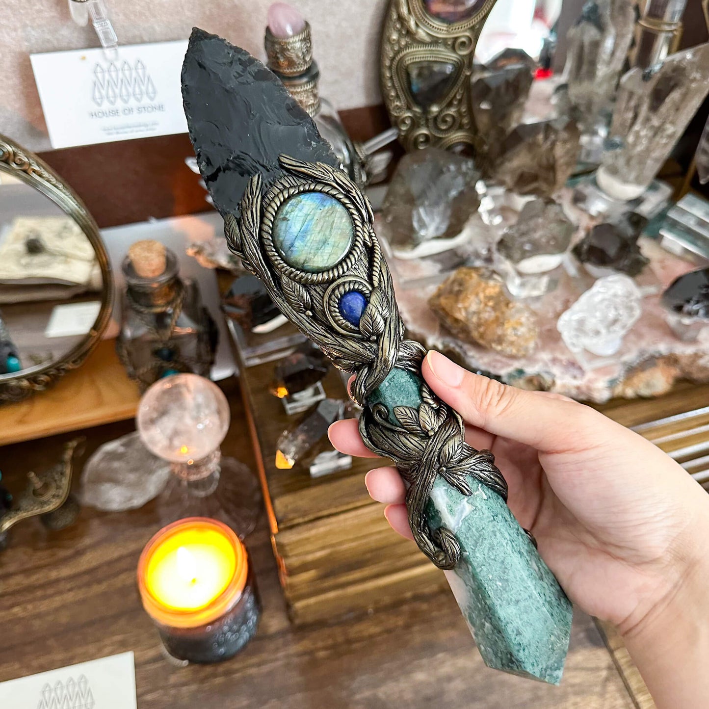 Handmade Natural Black Obsidian Wand/Magic Moss Agte Witch Crystal Wand/Labradorite Wand/Chakra/Manifest Altar Tool