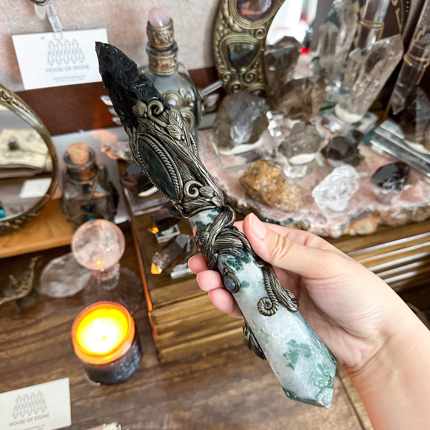 Handmade Natural Black Obsidian Wand/Magic Moss Agte Witch Crystal Wand/Labradorite Wand/Chakra/Manifest Altar Tool