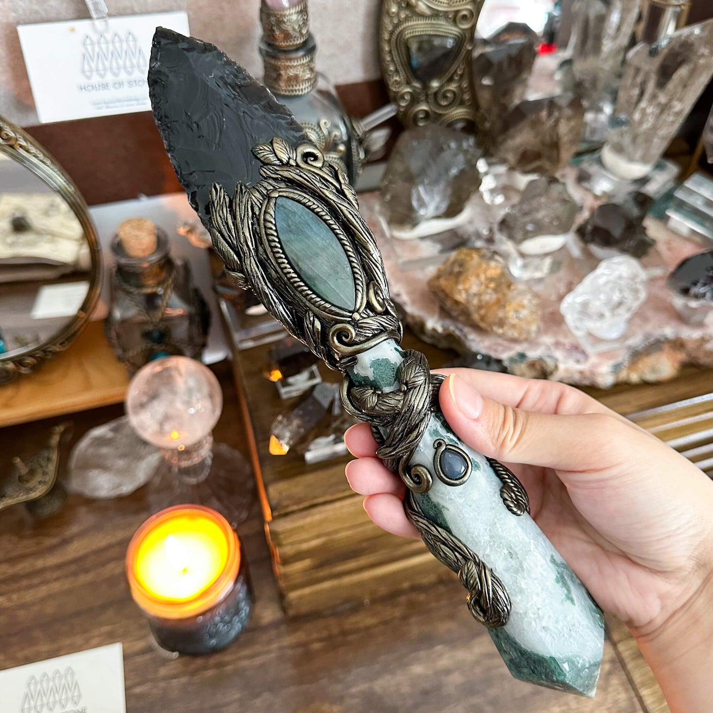 Handmade Natural Black Obsidian Wand/Magic Moss Agte Witch Crystal Wand/Labradorite Wand/Chakra/Manifest Altar Tool