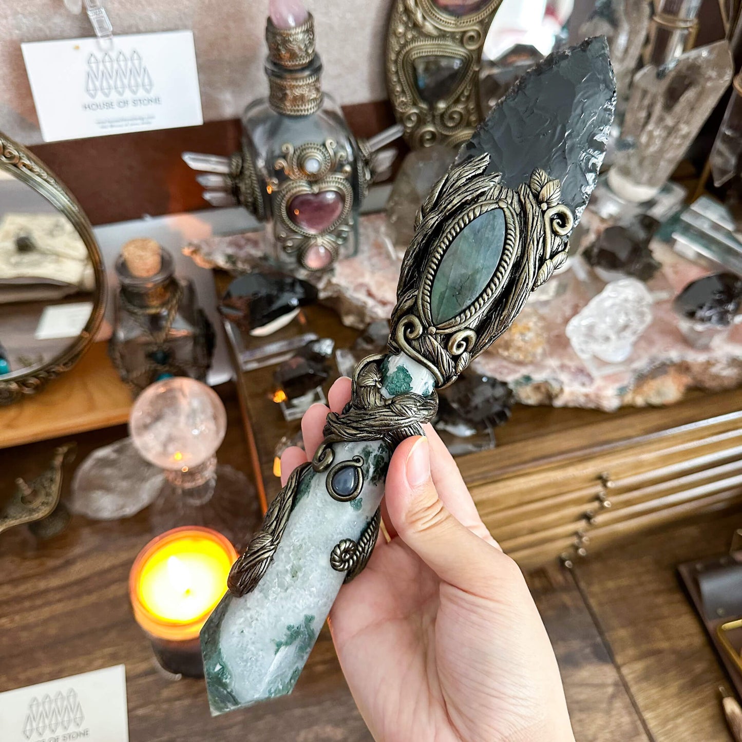 Handmade Natural Black Obsidian Wand/Magic Moss Agte Witch Crystal Wand/Labradorite Wand/Chakra/Manifest Altar Tool