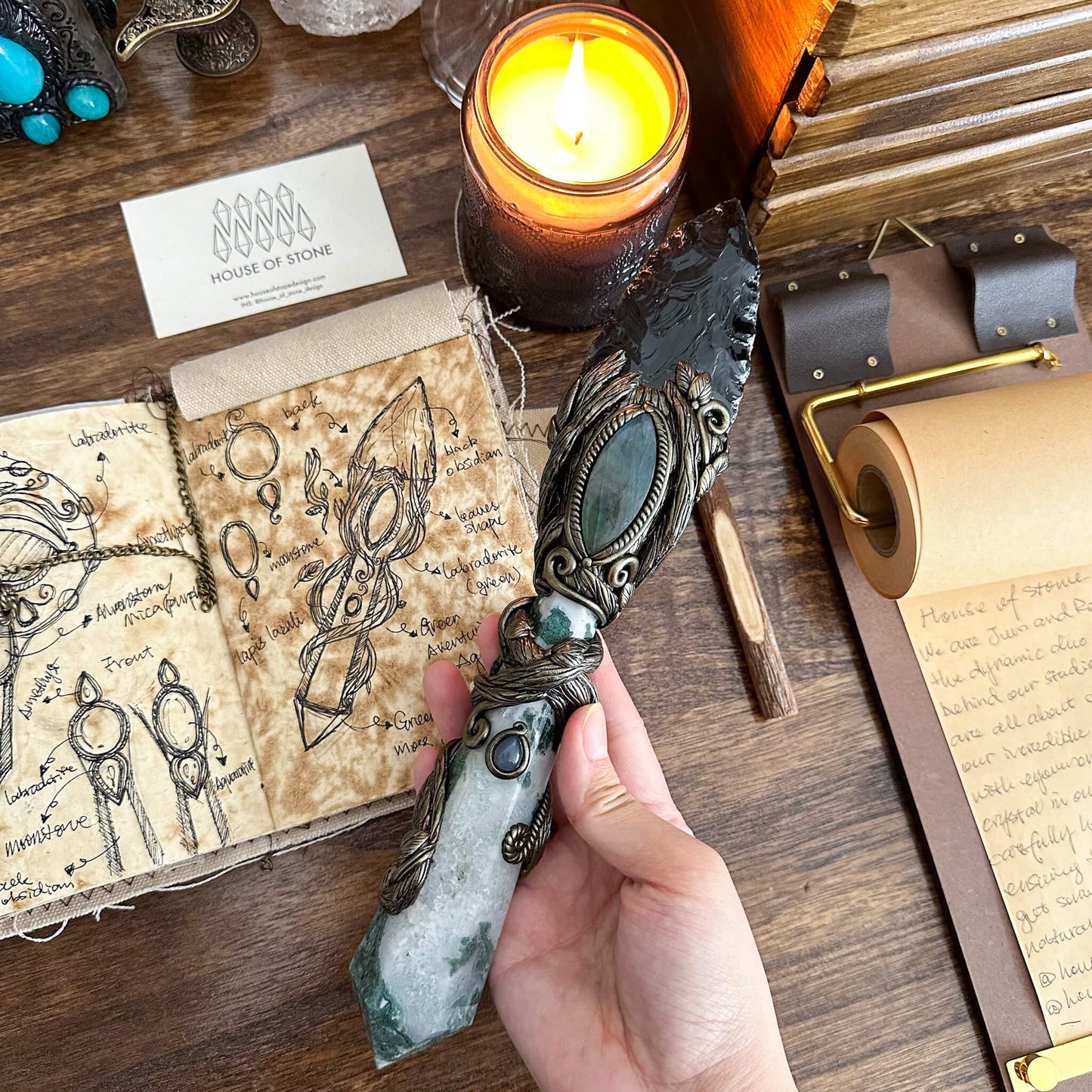 Handmade Natural Black Obsidian Wand/Magic Moss Agte Witch Crystal Wand/Labradorite Wand/Chakra/Manifest Altar Tool