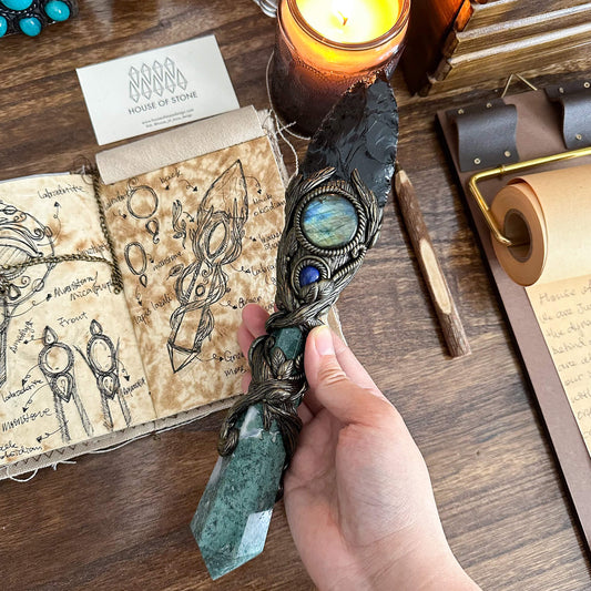 Handmade Natural Black Obsidian Wand/Magic Moss Agte Witch Crystal Wand/Labradorite Wand/Chakra/Manifest Altar Tool