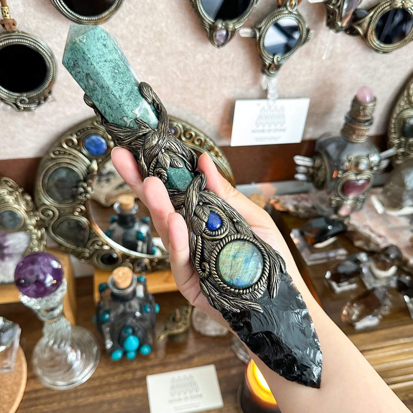 Handmade Natural Black Obsidian Wand/Magic Moss Agte Witch Crystal Wand/Labradorite Wand/Chakra/Manifest Altar Tool