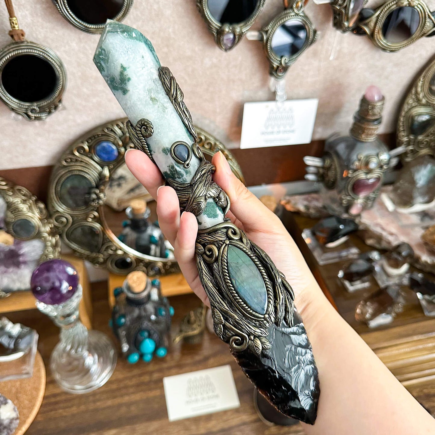 Handmade Natural Black Obsidian Wand/Magic Moss Agte Witch Crystal Wand/Labradorite Wand/Chakra/Manifest Altar Tool