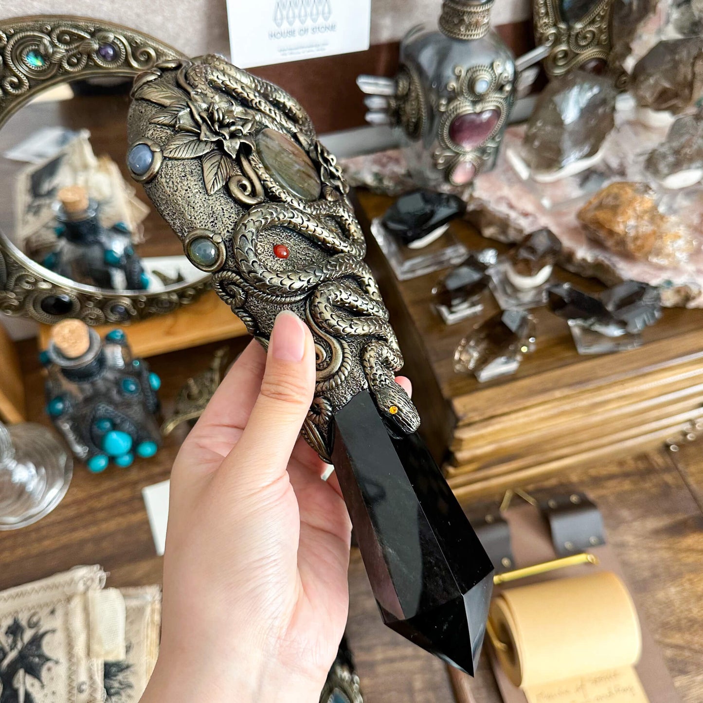 Handmade Natural Black Obsidian Mirror/Magic Obsidian Witch Wand/Crystal Quartz Wand/Scrying Mirror Wand/Root Chakra/Manifest Altar Tool