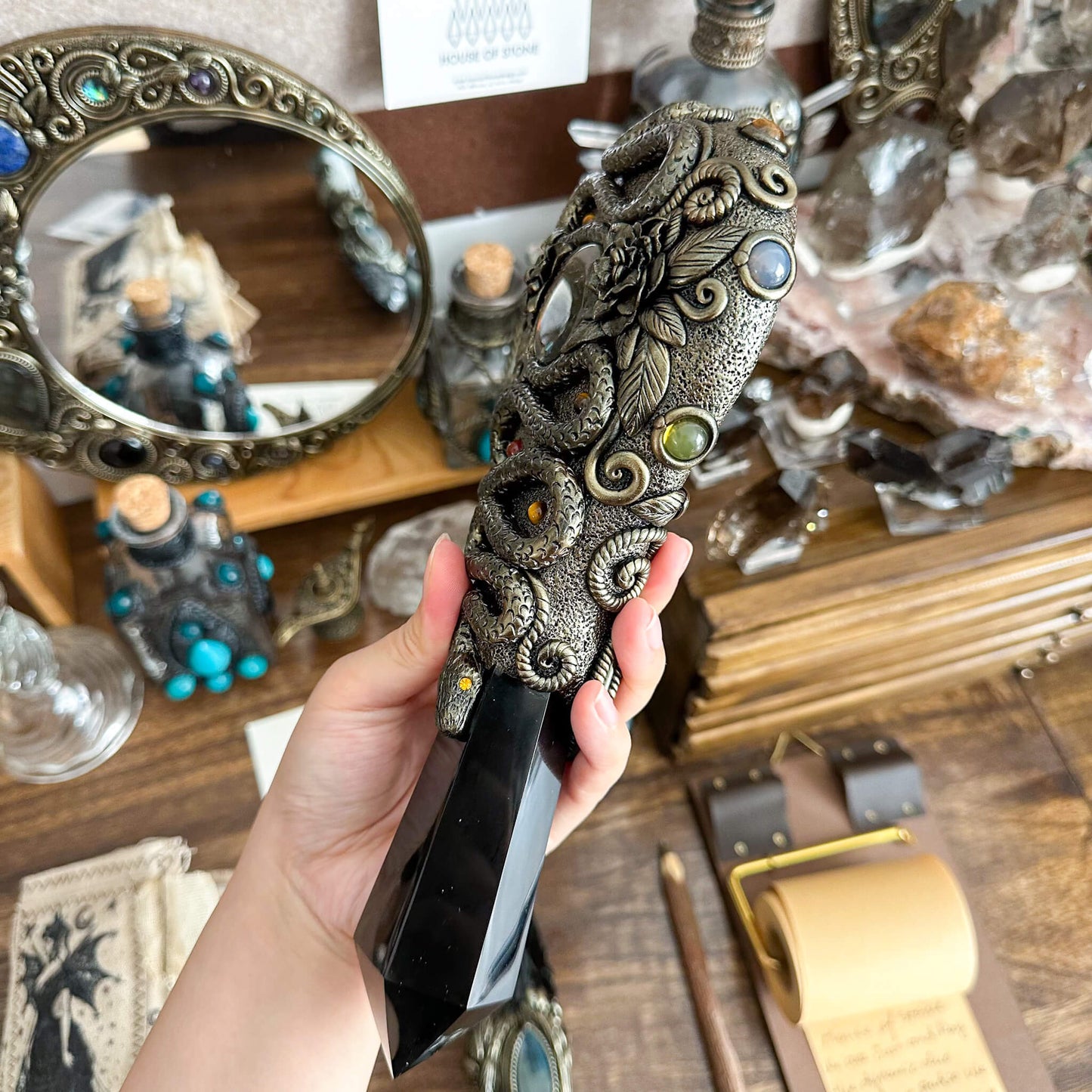 Handmade Natural Black Obsidian Mirror/Magic Obsidian Witch Wand/Crystal Quartz Wand/Scrying Mirror Wand/Root Chakra/Manifest Altar Tool
