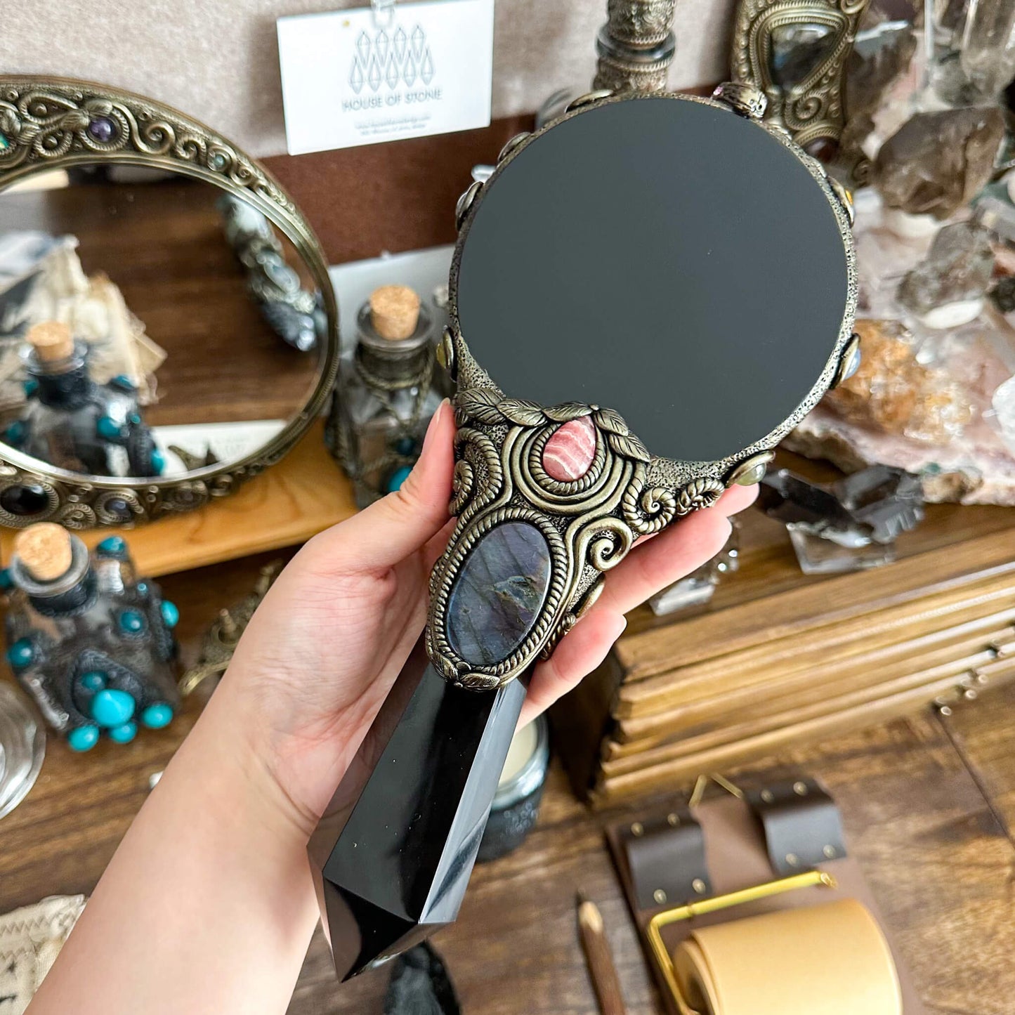 Handmade Natural Black Obsidian Mirror/Magic Obsidian Witch Wand/Crystal Quartz Wand/Scrying Mirror Wand/Root Chakra/Manifest Altar Tool