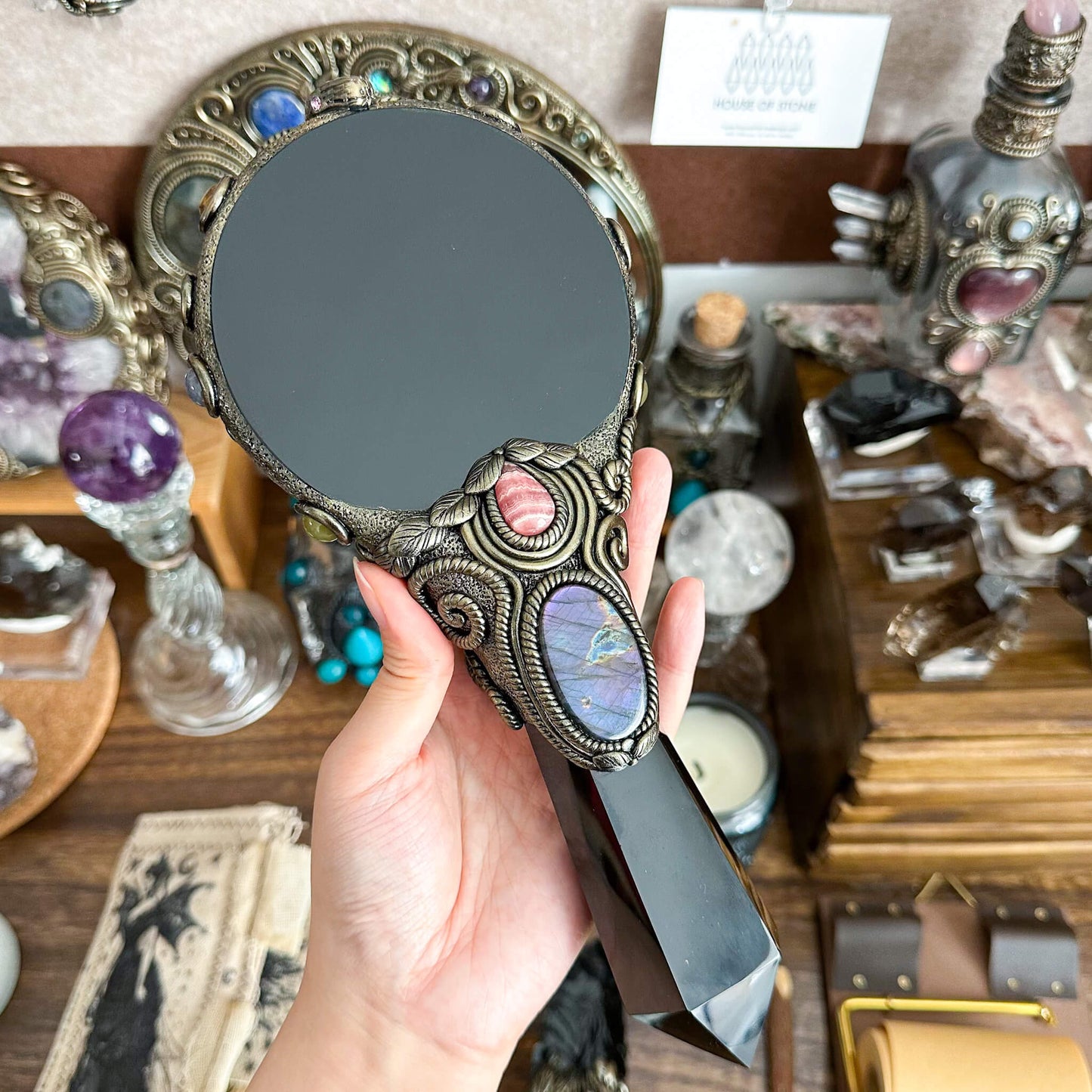 Handmade Natural Black Obsidian Mirror/Magic Obsidian Witch Wand/Crystal Quartz Wand/Scrying Mirror Wand/Root Chakra/Manifest Altar Tool