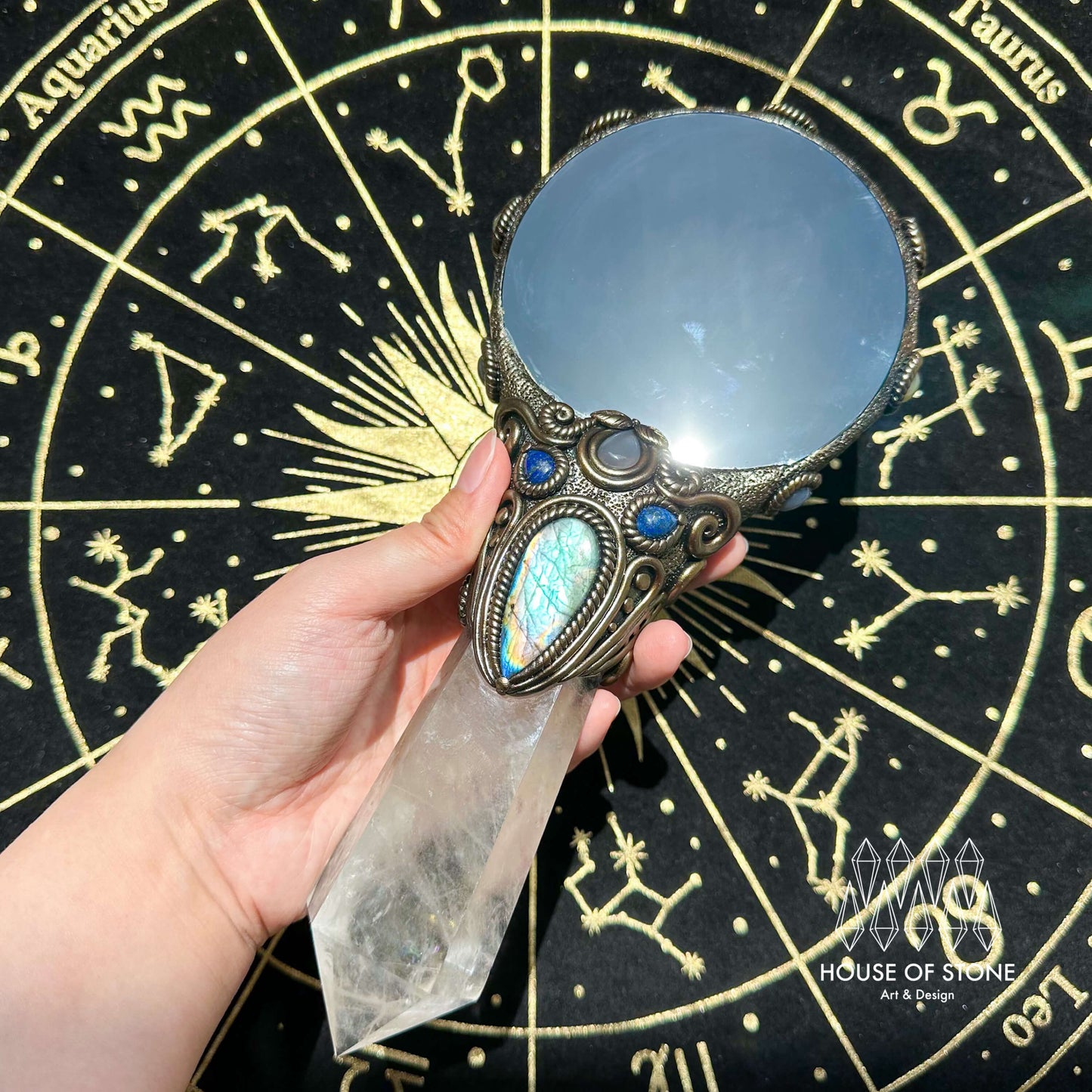 Handmade Natural Black Obsidian Mirror/Magic Obsidian Witch Wand/Crystal Quartz Wand/Scrying Mirror Wand/Root Chakra/Manifest Altar Tool