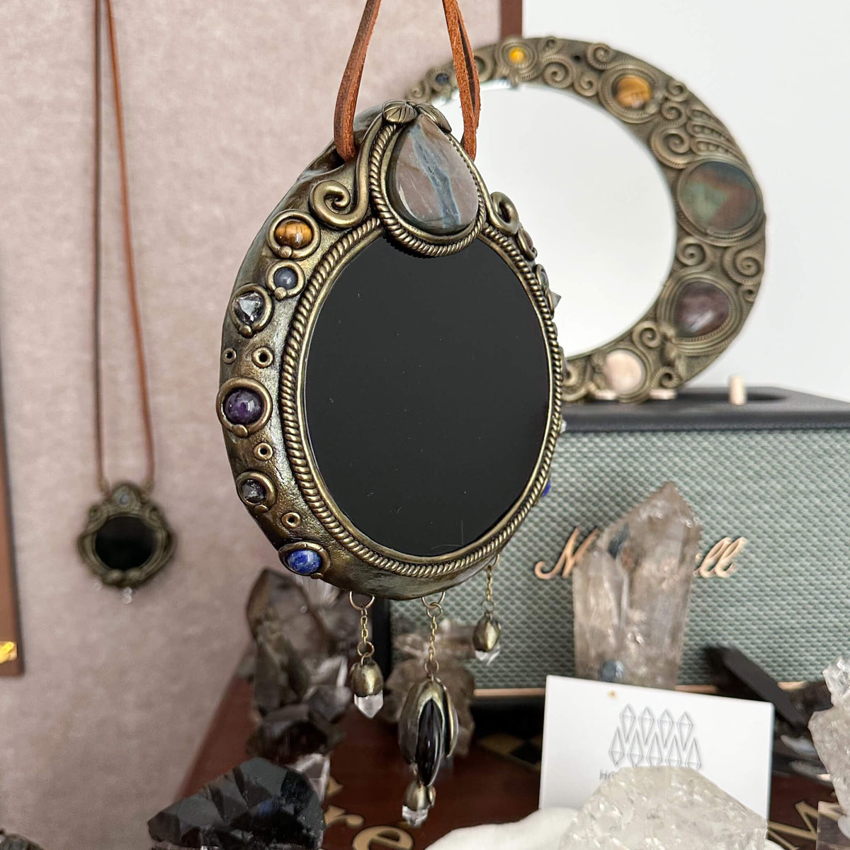 Handmade Natural Black Obsidian Crystal Wall Hanging Decor/Magic Obsidian Mirror Spiritual Window Interior Room Hangings/Scrying Mirror Door Hanging/Altar Tool