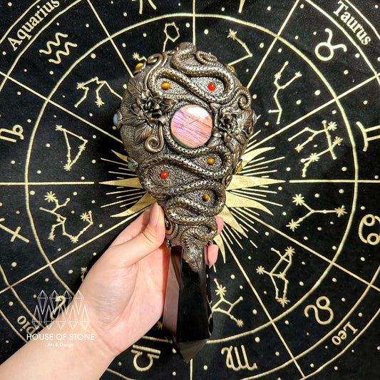 Handmade Natural Black Obsidian Mirror/Magic Obsidian Witch Wand/Crystal Quartz Wand/Scrying Mirror Wand/Root Chakra/Manifest Altar Tool