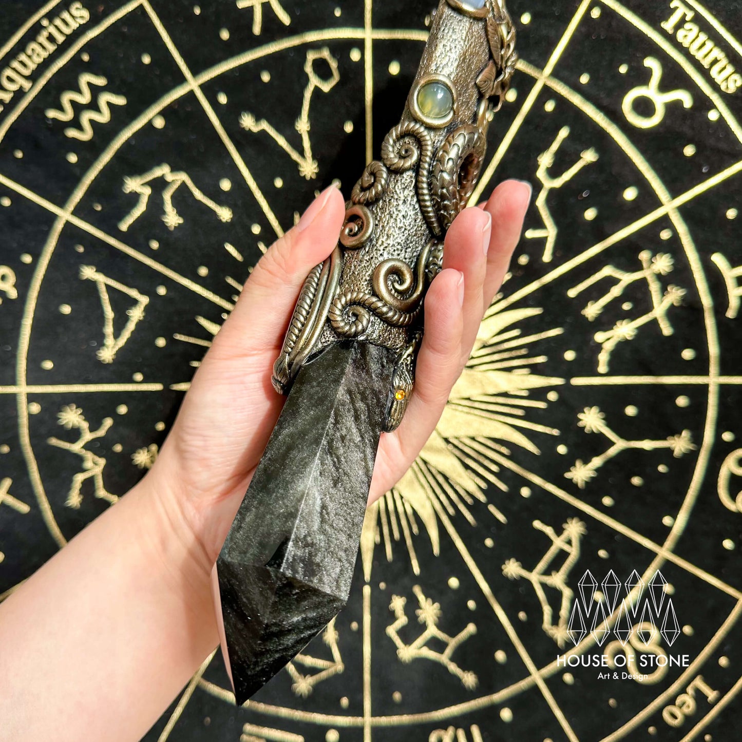 Handmade Natural Black Obsidian Mirror/Magic Obsidian Witch Wand/Crystal Quartz Wand/Scrying Mirror Wand/Root Chakra/Manifest Altar Tool