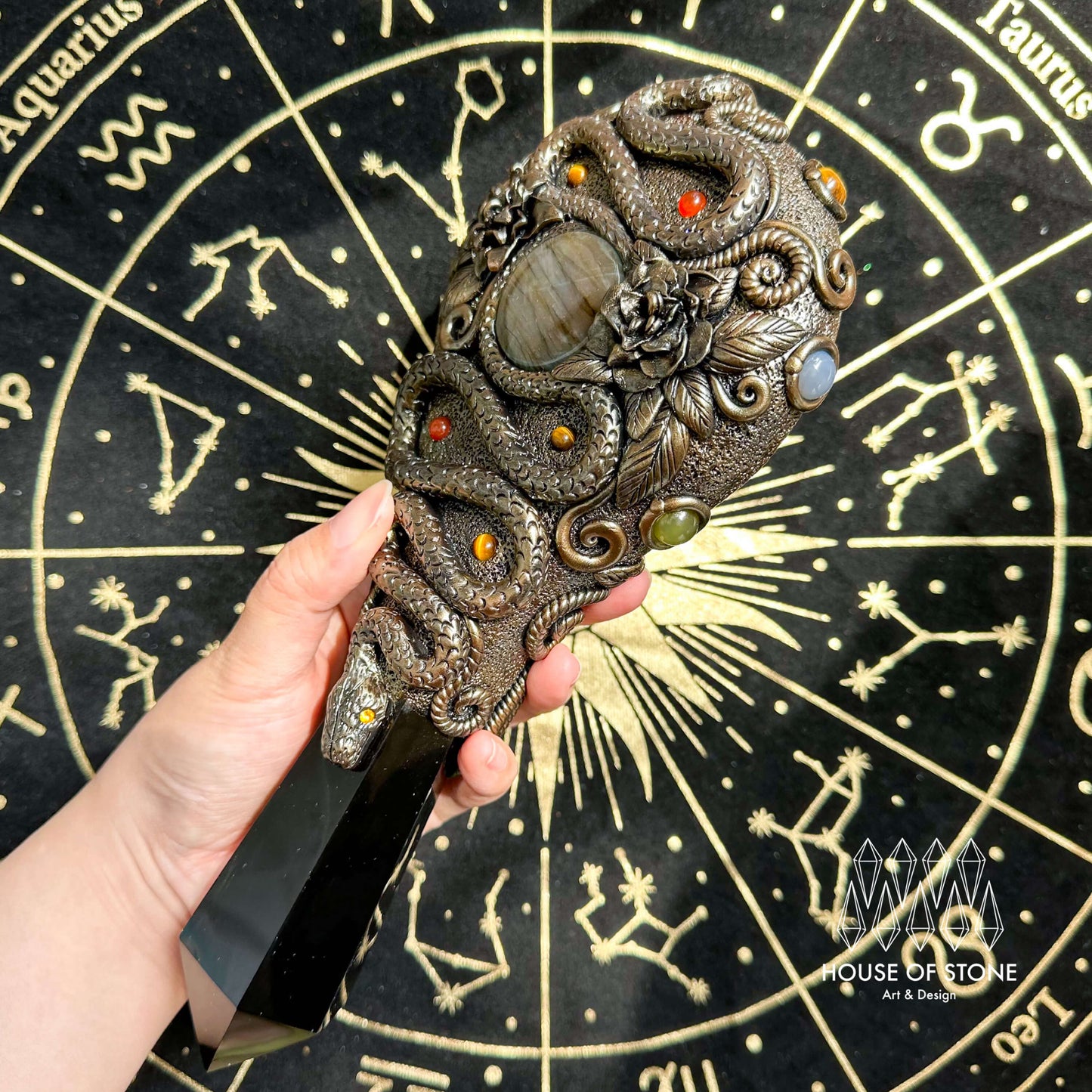 Handmade Natural Black Obsidian Mirror/Magic Obsidian Witch Wand/Crystal Quartz Wand/Scrying Mirror Wand/Root Chakra/Manifest Altar Tool