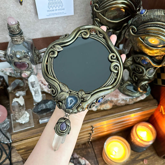 Handmade Natural Black Obsidian Crystal Wall Hanging Decor/Magic Obsidian Mirror Spiritual Window Interior Room Hangings/Scrying Mirror Door Hanging/Altar Tool