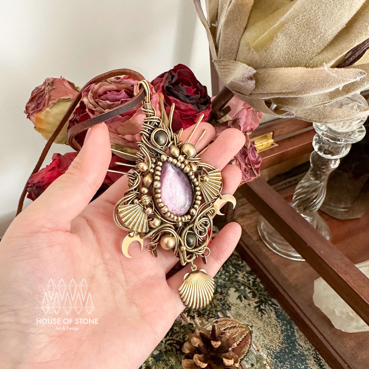 Handmade Natural Purple lepidolite Boho Pendant Necklace/Wire Wrapped Crystal Protection Necklace/Vintage Crystal Pendant/Crystal Jewelry