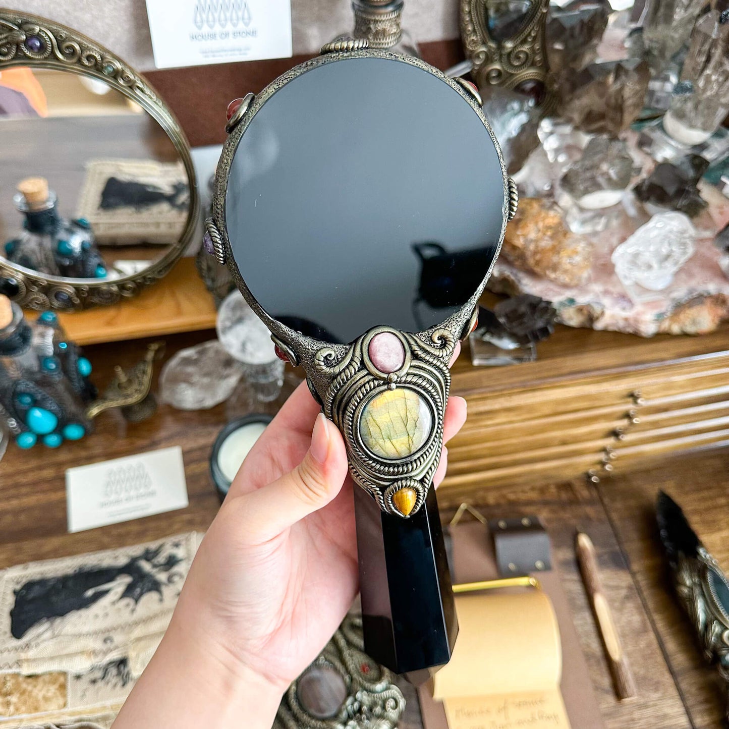 Handmade Natural Black Obsidian Mirror/Magic Obsidian Witch Wand/Crystal Quartz Wand/Scrying Mirror Wand/Root Chakra/Manifest Altar Tool