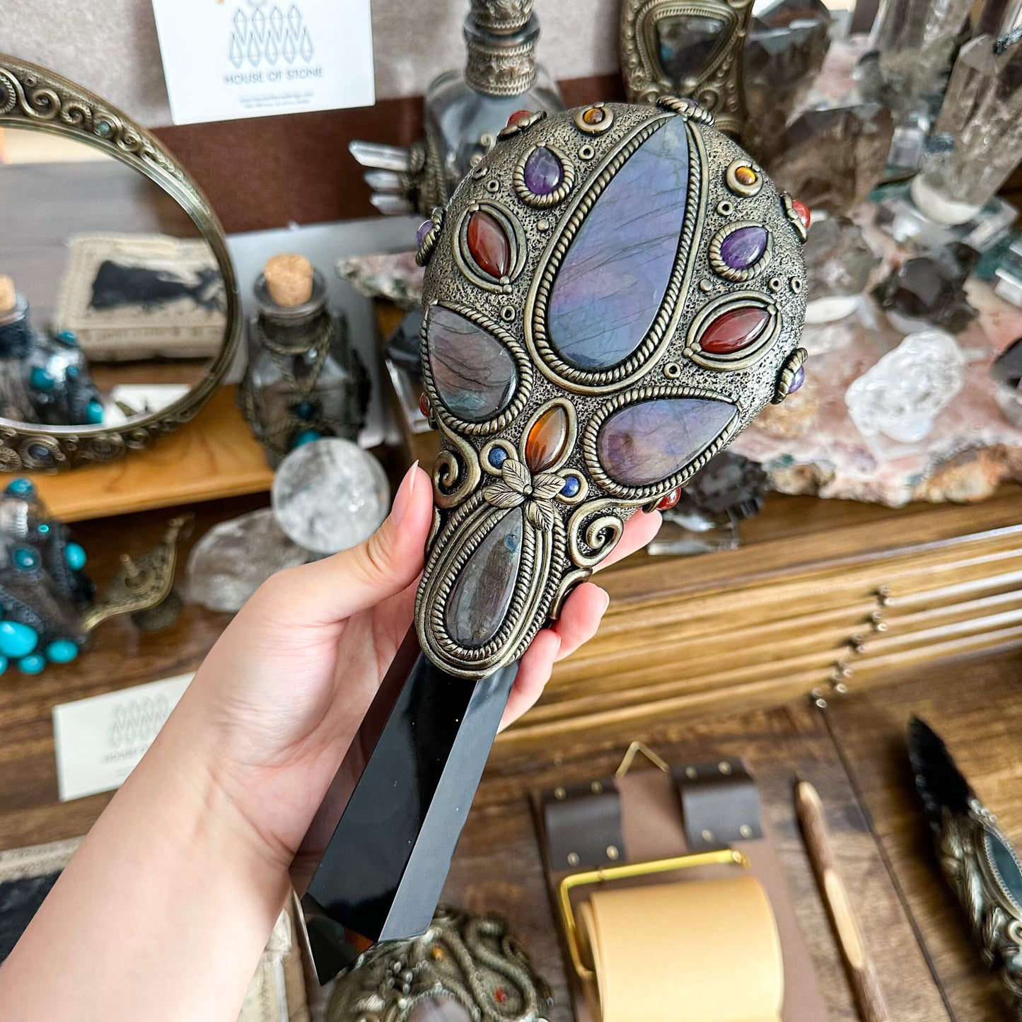Handmade Natural Black Obsidian Mirror/Magic Obsidian Witch Wand/Crystal Quartz Wand/Scrying Mirror Wand/Root Chakra/Manifest Altar Tool