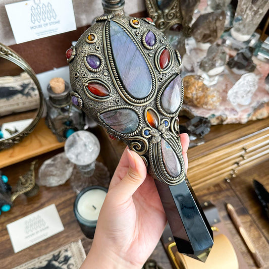 Handmade Natural Black Obsidian Mirror/Magic Obsidian Witch Wand/Crystal Quartz Wand/Scrying Mirror Wand/Root Chakra/Manifest Altar Tool