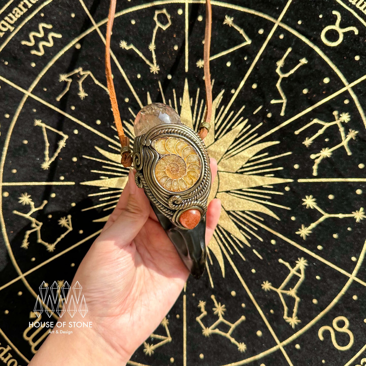 Handmade Natural Black Obsidian Raven Skull Pendant Necklace/Magic Smoky Quartz Crystal Protection Pendant/Ammonite Jewelry/Altar Tool