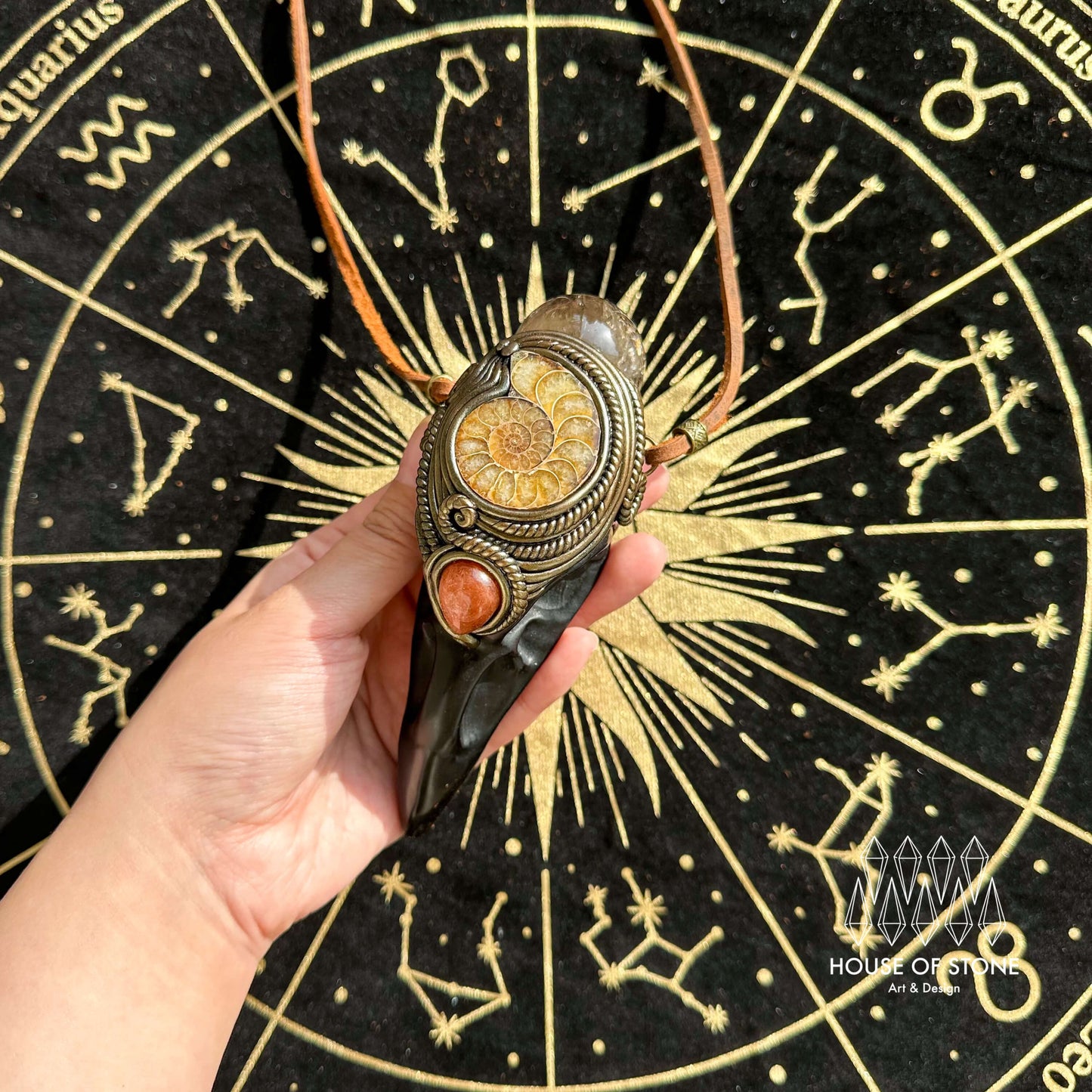 Handmade Natural Black Obsidian Raven Skull Pendant Necklace/Magic Smoky Quartz Crystal Protection Pendant/Ammonite Jewelry/Altar Tool