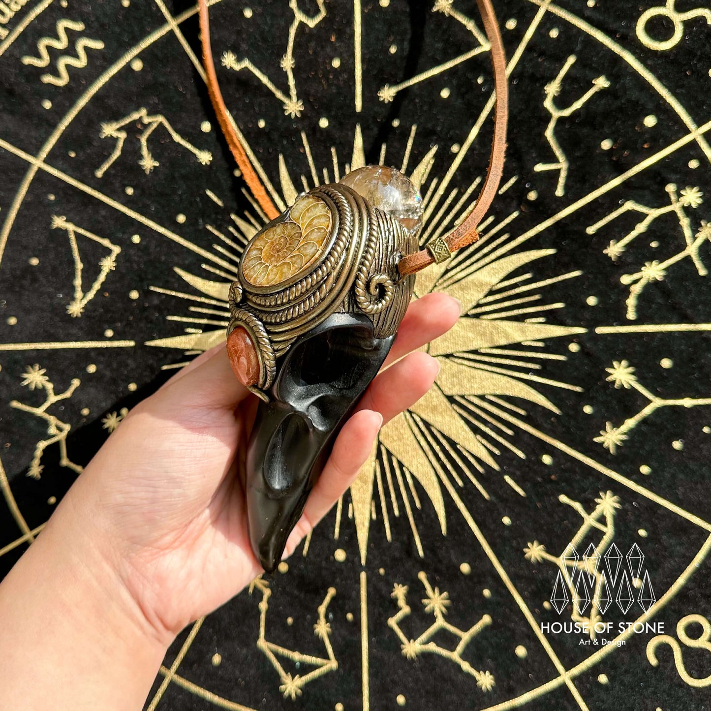 Handmade Natural Black Obsidian Raven Skull Pendant Necklace/Magic Smoky Quartz Crystal Protection Pendant/Ammonite Jewelry/Altar Tool