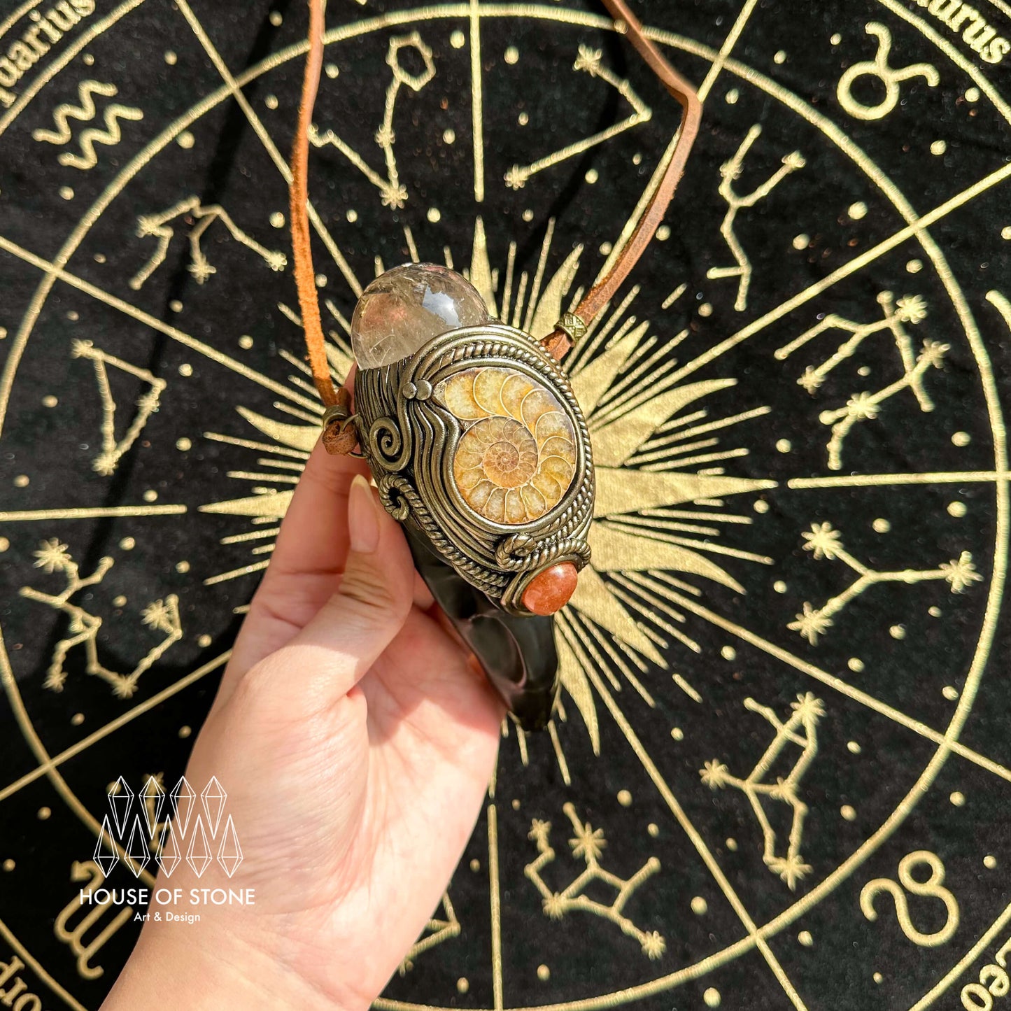 Handmade Natural Black Obsidian Raven Skull Pendant Necklace/Magic Smoky Quartz Crystal Protection Pendant/Ammonite Jewelry/Altar Tool