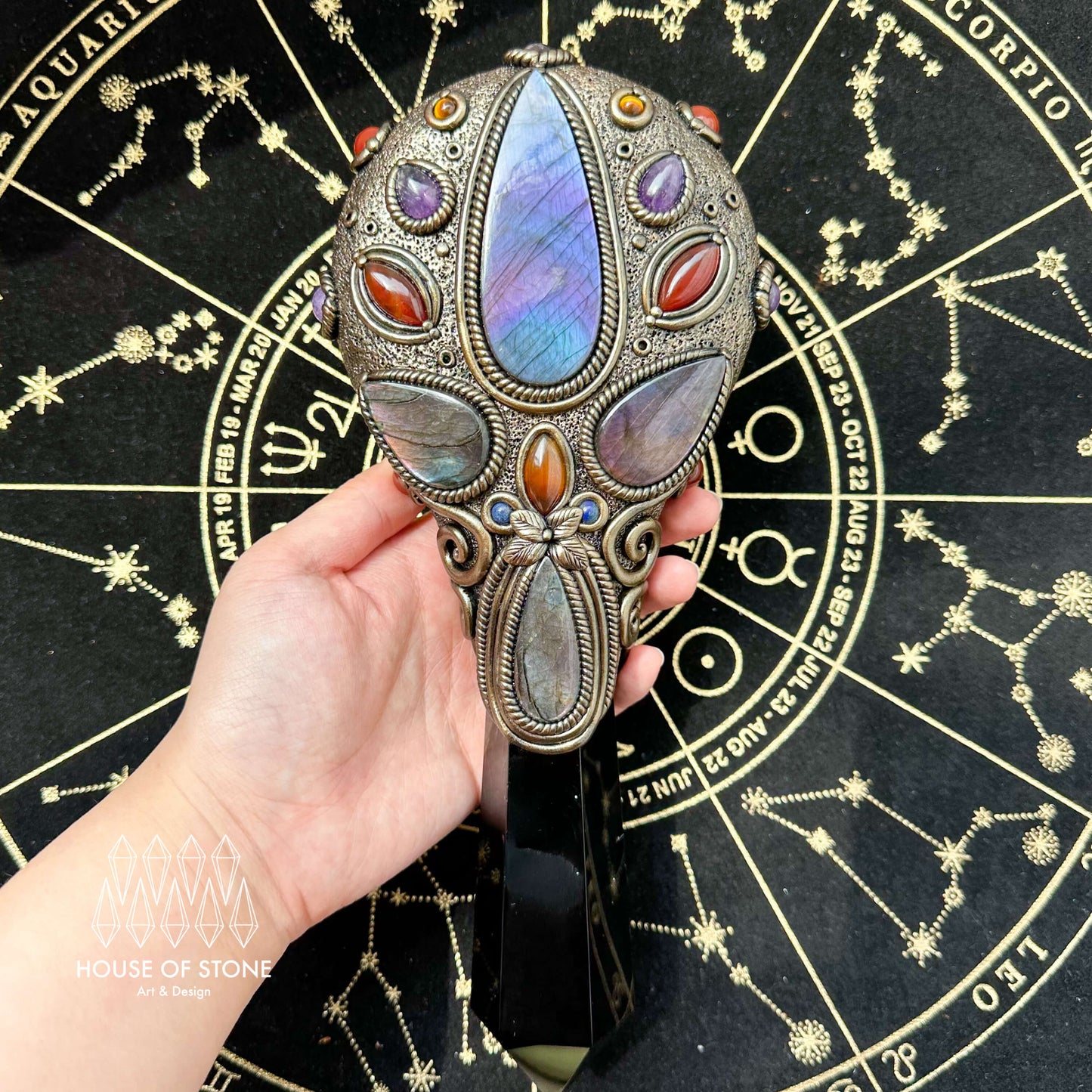 Handmade Natural Black Obsidian Mirror/Magic Obsidian Witch Wand/Crystal Quartz Wand/Scrying Mirror Wand/Root Chakra/Manifest Altar Tool