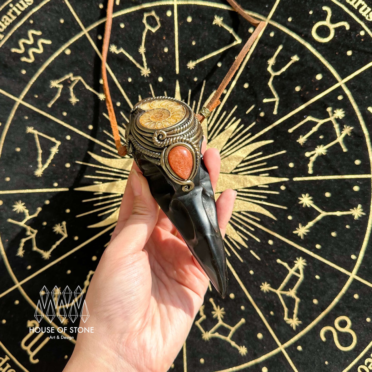 Handmade Natural Black Obsidian Raven Skull Pendant Necklace/Magic Smoky Quartz Crystal Protection Pendant/Ammonite Jewelry/Altar Tool