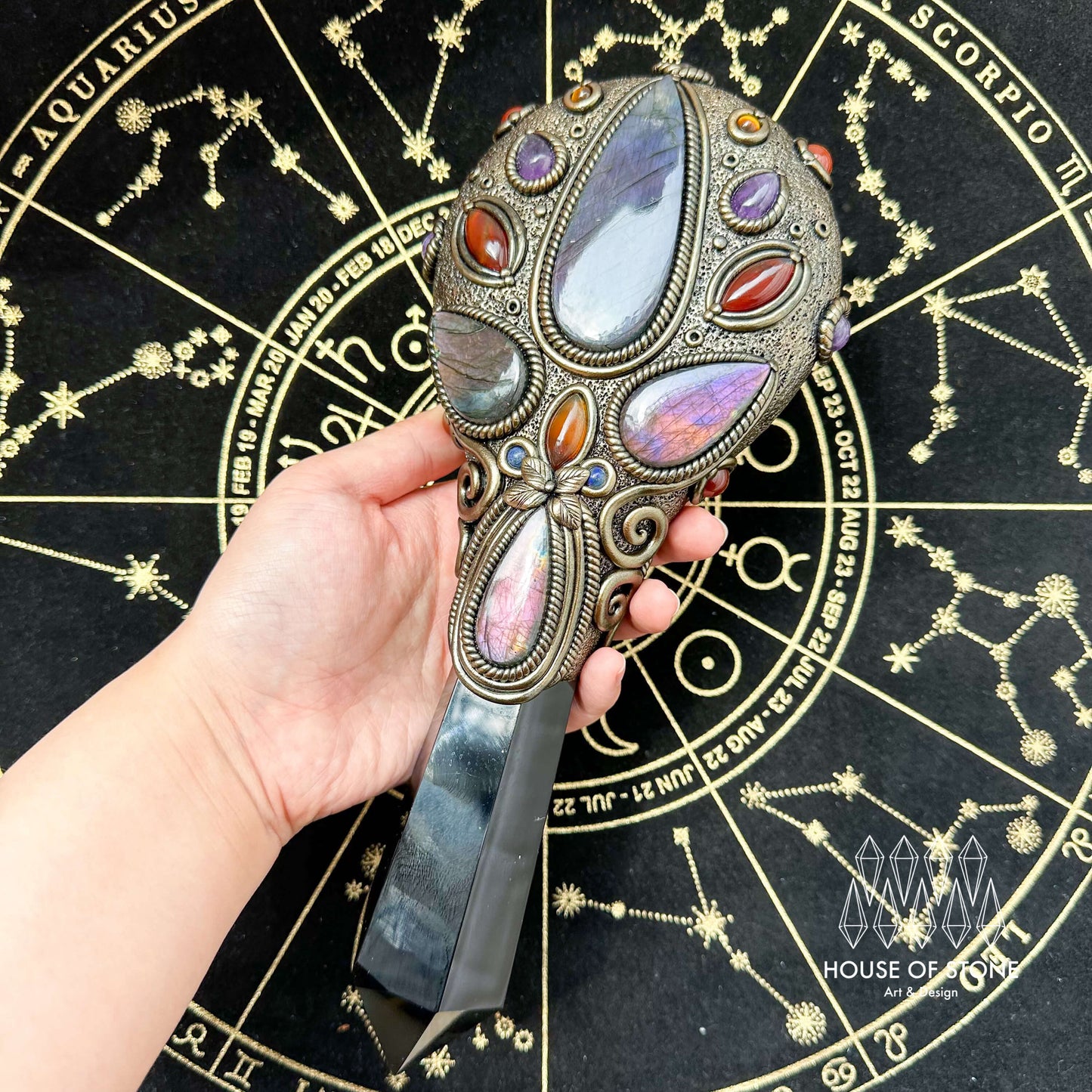 Handmade Natural Black Obsidian Mirror/Magic Obsidian Witch Wand/Crystal Quartz Wand/Scrying Mirror Wand/Root Chakra/Manifest Altar Tool