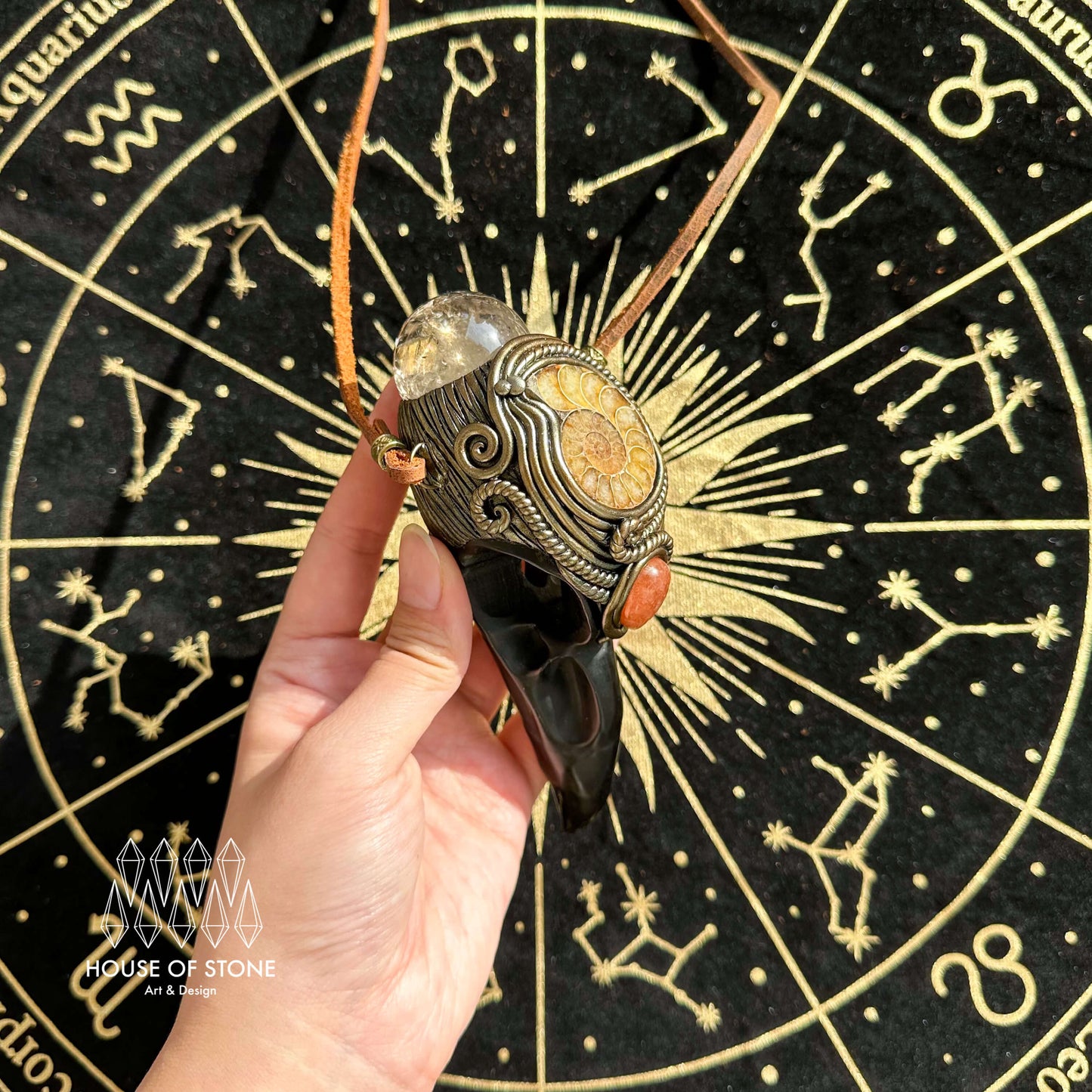 Handmade Natural Black Obsidian Raven Skull Pendant Necklace/Magic Smoky Quartz Crystal Protection Pendant/Ammonite Jewelry/Altar Tool